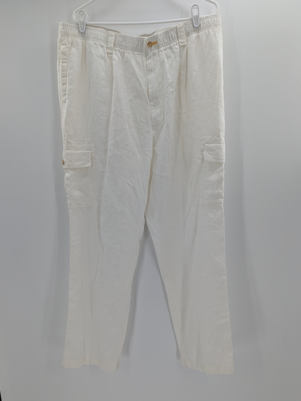 CARIBBEAN White Linen Elastic Waist Pants Drawstring Travel Beach Lounge 42